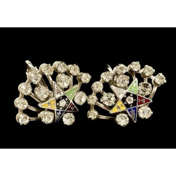 Order of the Eastern Star Vtg Rhinestone Clip On Earrings Masonic - Picture 1 of 3